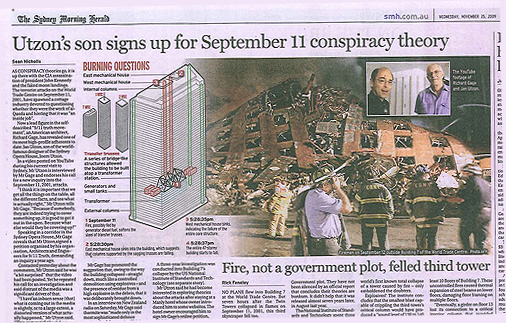 Sydney Morning Herald 25 November 2009 - articles about Jan Utzon, Richard Gage and the 9/11 truth movement